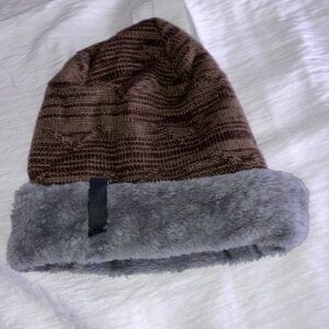New Hat Thick Beanie Knit & Faux Fur Lining Warm Women Men Brown Tan & Gray